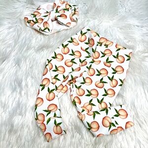 One Sweet Peach baby leggings with matching bow head wrap birthday outfit